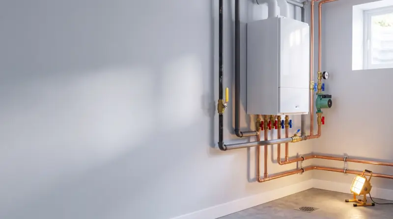 Boiler with copper supply lines and red and blue valves